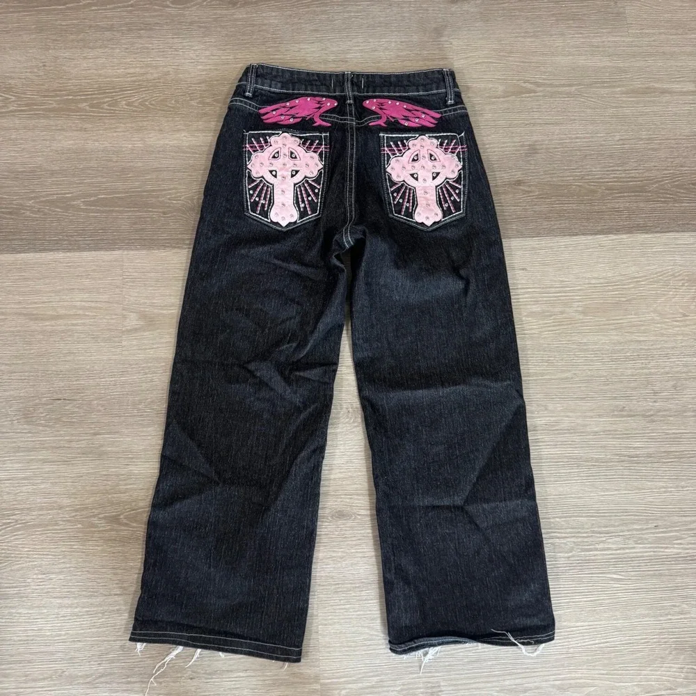 Disclosure Jeans Women 7/28 Black Wide Leg Y2K Cross Embroidered Raw Hem